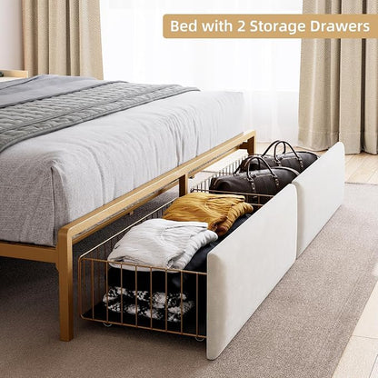 GarveeHome King Bed Frame with 2 Storage Drawers, LED Bed Frame with 2-Tier Storage Headboard&Charging Station, Metal Platform Bed Frame, No Box Spring Needed, Noise Free, White