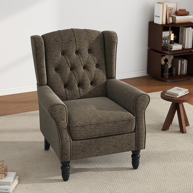 High Back Accent Chair, Fabric Upholstered Armchair Wingback Chair for Living Room, Comfy Single Sofa Bedroom Reading Seat with Solid Wood Legs - Taupe