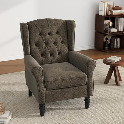 High Back Accent Chair, Fabric Upholstered Armchair Wingback Chair for Living Room, Comfy Single Sofa Bedroom Reading Seat with Solid Wood Legs - Taupe