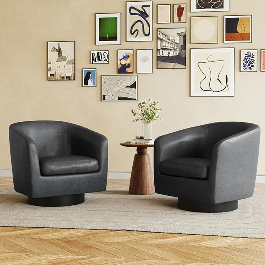 360° Swivel Barrel Accent Chair Armchair, PU Leather Round Club Arm Chair for Lving Room, Modern Upholstered Small Bedroom Single Sofa Seat - Black, Set of 2