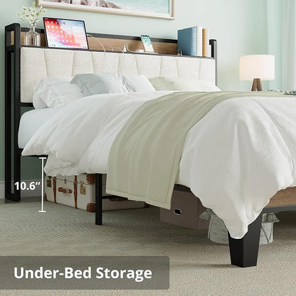LIKIMIO Queen Bed Frames, Storage Headboard with Charging Station, Solid and Stable, Noise Free, No Box Spring Needed, Easy Assembly, Wood and Cream