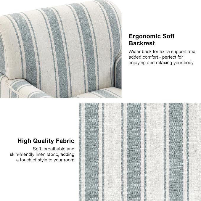Accent Chair, Mid Century Modern Comfy Armchair for Living Room, Linen Fabric Single Sofa Lounge for Reading Bedroom Apartment Waiting Room with Wood Legs (Blue Stripe, Set of 1)