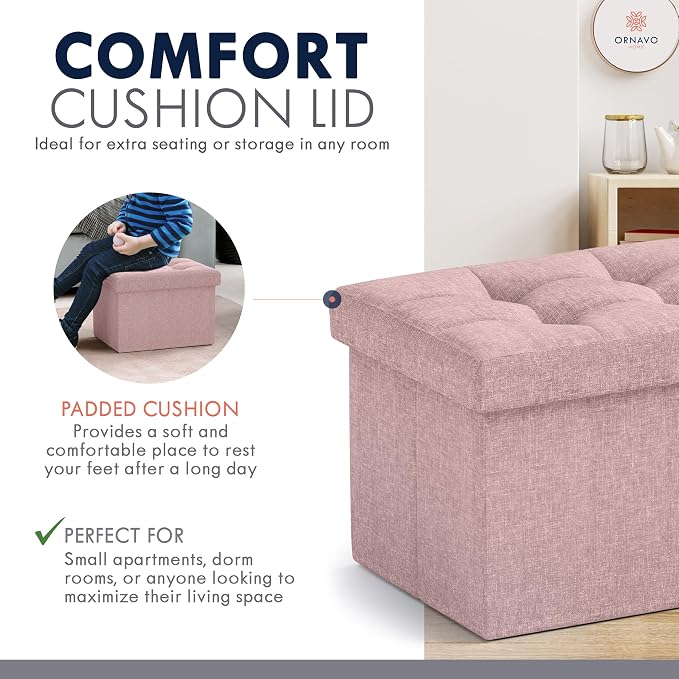 Ornavo Home Small Storage Ottoman, Set of 2, Foldable Collapsible Rectangle Linen Ottoman Foot Rest Stool Seat, for Living Room, Bedroom, Home Office, Dorm - 12 x 16 x 12, Pink