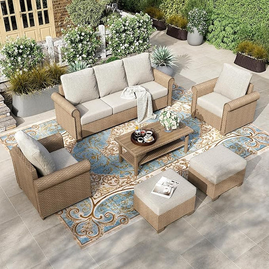 HERA'S HOUSE Patio Furniture Set, 4 x Cushioned Chairs, 3-Seat Sofa with Wood Grain Coffee Table, 5 Seats Luxury Windsor Style All Weahter Outdoor Sofa Conversation Set for Deck Lawn Backyard