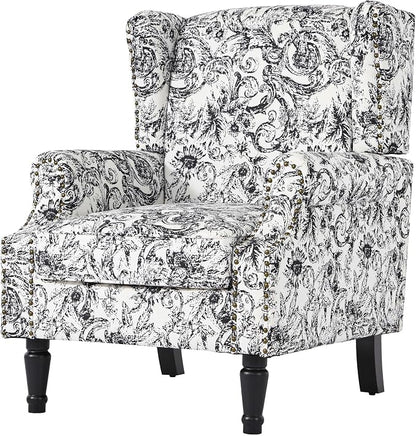 High Back Accent Chairs Set of 2, Fabric Upholstered Armchair Floral Wingback Chair for Living Room, Comfy Single Sofa Solid Wood Legs Bedroom Reading Seat - Rococo Black