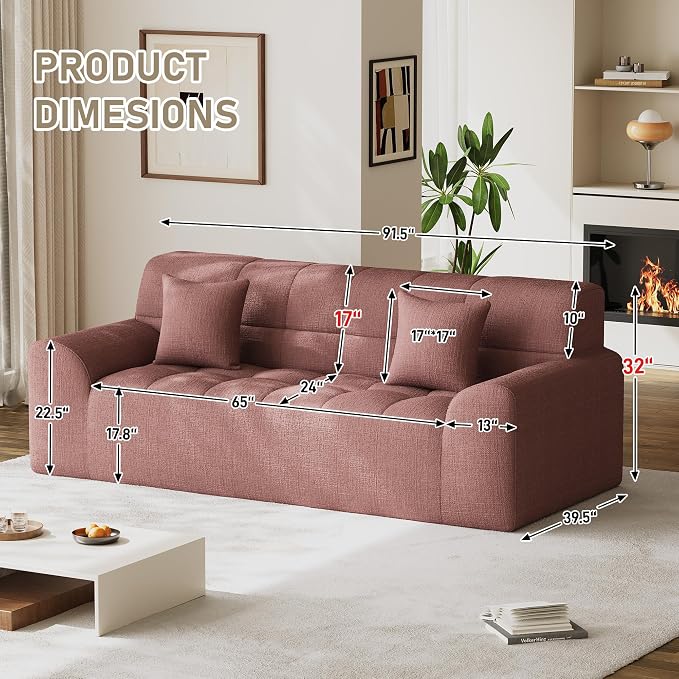 91.5" Modern Boneless Couch for Living Room, Comfy Cloud Sectional Sofa with Deep Seat, Chenille Love Seat Oversized Upholstered 3-Seater Sofa, No Assembly Required Tufted Sofas, Pink