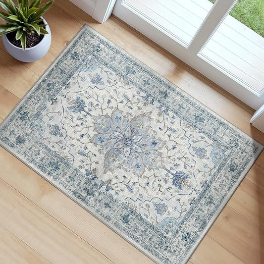 RELEANY Area Rugs Small 2'x3' Washable Non-Slip, Floral Vintage Distress Medallion Carpet for Kitchen Entryway Bathroom, Light Blue Navy Gray White