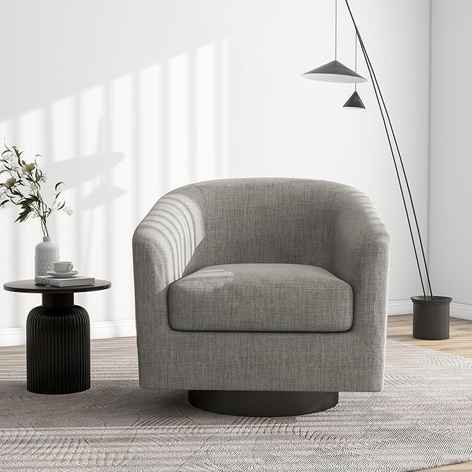 Swivel Barrel Accent Chair, Modern Round Linen Arm Chair for Living Room, Bedroom, Comfy Club Reading Chairs for Adults（Linen Fabric, Khaki, Set of 1