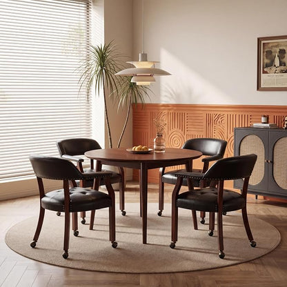 LEEMTORIG Set of 4 Large Dining Chairs with Casters and Arms, Rolling Dining Chairs with Wheels, Accent Game Table Chairs, 26“Dx25.2 Wx31.5“H, Cherry Legs & Black SY-1533-BK