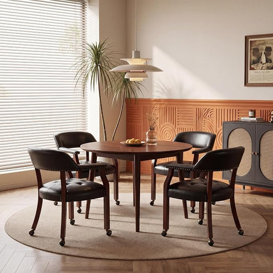 LEEMTORIG Set of 4 Large Dining Chairs with Casters and Arms, Rolling Dining Chairs with Wheels, Accent Game Table Chairs, 26“Dx25.2 Wx31.5“H, Cherry Legs & Black SY-1533-BK