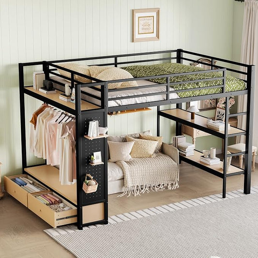 Bellemave Queen Size loft Bed with Wardrobe and Storage Shelves and Pegboard Drawers, Metal Queen Loft Bed Frame for Adults, Kids, Teens, Black