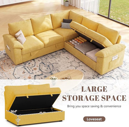 85 Inch Modular Sectional Sofa with Pull Out Bed, L Shaped 5 Seat Sectional Sleeper Sofa with Storage, Sectional Couches for Living Room, Cloud Modular Couch,Removable Sofa Cover,Yellow