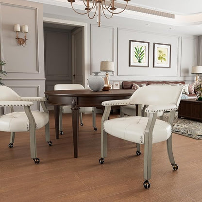 LEEMTORIG Set of 4 Large Dining Chairs with Casters and Arms, Rolling Dining Chairs with Wheels, Solid Wood Boss Caption's Chairs, 26" D x 25.2" W x 31.5" H, Grey Legs & Ivory SY-1318-WT