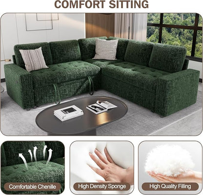 Sunny Heart Modular Sectional Sleeper Sofa with Pull Out Bed, Chenille L Shaped Sectional Sofa with USB Ports/Adjustable Backrest/Storage Seats, Tool-Free Assembly, Couches for Living Room Green