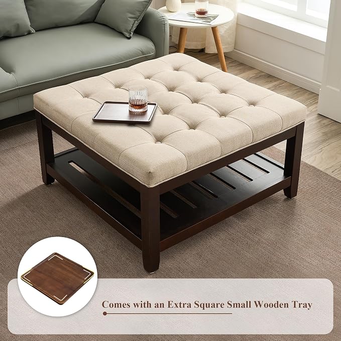 adochr 33'' Large Square Ottoman Coffee Table with Storage, Upholstered Button Tufted Footrest Ottoman with Solid Wooden Tray,Coffee Table for Living Room, Light Brown