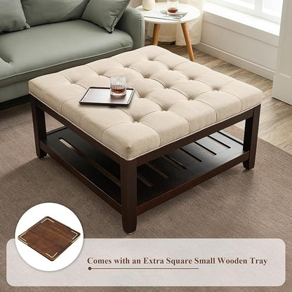 adochr 33'' Large Square Ottoman Coffee Table with Storage, Upholstered Button Tufted Footrest Ottoman with Solid Wooden Tray,Coffee Table for Living Room, Light Brown