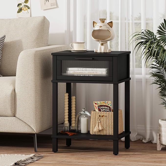 Nightstand Wooden Bedside Table with Drawer Black Night Stands Modern Style Small End Table Side Table with Storage Shelf for Bedroom Living Room MLBZ10B