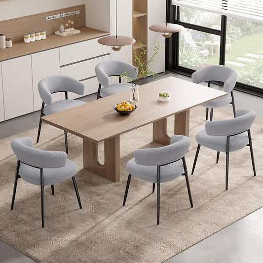 Dining Chairs Set of 6, Mid Century Modern Kitchen Chairs, Boucle Upholstered Dining Chair with Curved Backrest & Metal Legs for Kitchen Dining Room, Grey