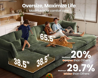 77" Oversized Corduroy Couch Modular Sectional Sofa, Washable Cloud Couch Sectional with 2 Ottoman, 4 Seater Sectional Couches for Living Room, Fully Cover Removable, Chaise Lounge, Corduroy, Green