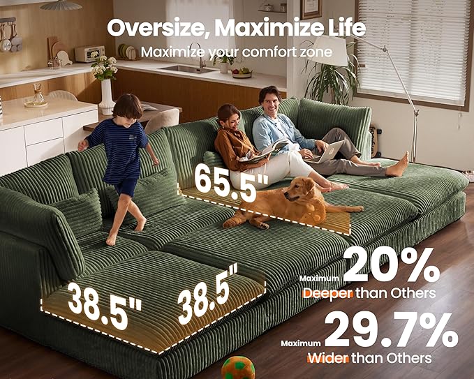 115" Oversized Corduroy Couch Modular Sectional Sofa, Washable Cloud Couch Sectional with 2 Ottoman, 5 Seater Sectional Couches for Living Room, Fully Cover Removable, U Shaped, Corduroy, Green