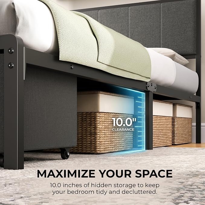 Twin Bed Frame with 2 Storage Drawers, Grey Upholstered | Headboard with Charging Station and LED Lights, Metal Platform Bed with Storage Shelf, Noise Free, No Box Spring Needed