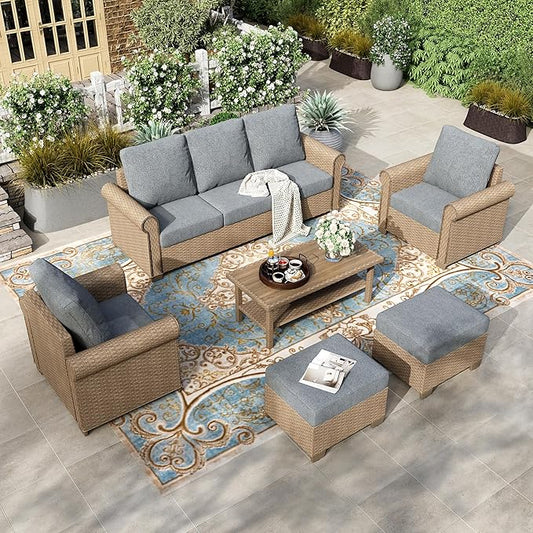 HERA'S HOUSE Patio Furniture Set, 4 x Cushioned Chairs, 3-Seat Sofa with Wood Grain Coffee Table, 5 Seats Luxury Windsor Style All Weahter Outdoor Sofa Conversation Set for Deck Lawn Backyard
