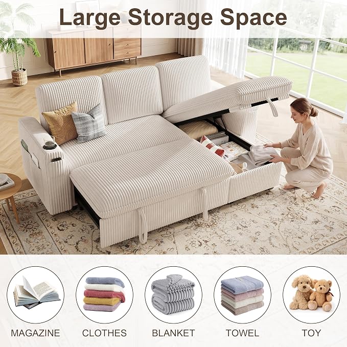 Sectional Sleeper Sofa with Pull Out Bed, Plush Corduroy Sectional Sofa with Storage Chaise and Adjustable Backrest, Cloud Sectional Couches for Living Room, Apartment, Beige