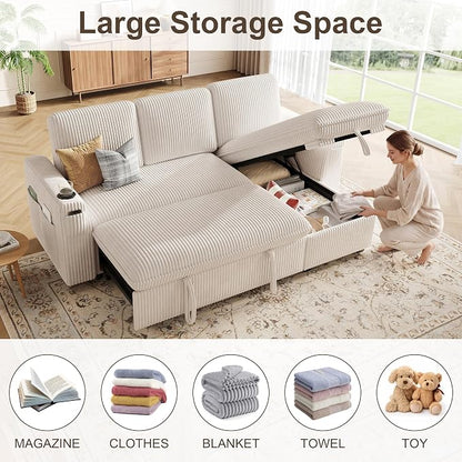 Sectional Sleeper Sofa with Pull Out Bed, Plush Corduroy Sectional Sofa with Storage Chaise and Adjustable Backrest, Cloud Sectional Couches for Living Room, Apartment, Beige