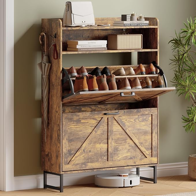 Shoe Cabinet with 2 Flip Drawers, Freestanding Hidden Shoe Storage Organizer for Entryway, Narrow Slim Shoe Rack Cabinet with Open Storage & Hooks for Front Door Entrance, Living Room, Hallway, Brown