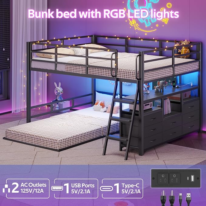 busyaeh Bunk Bed Full Over Twin,Low Bunk Bed with 8 Drawer & 4 shelve,Black | bunk bed with Desk, 15" H Safety Guardrail & LED Lights and Charging Station,L-Shaped Bunk Beds with Stairs,toddler bunk bed