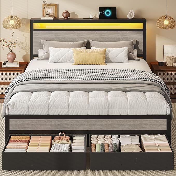HISOFT Queen Bed Frame with Storage, Wood Headboard with Fast Charging Station, LED Lights, Platform Bed Frame Queen Size, Fabric Drawers with Wheels, No Box Spring Needed, Noise Free, Rustic Grey