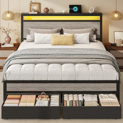 HISOFT Queen Bed Frame with Storage, Wood Headboard with Fast Charging Station, LED Lights, Platform Bed Frame Queen Size, Fabric Drawers with Wheels, No Box Spring Needed, Noise Free, Rustic Grey