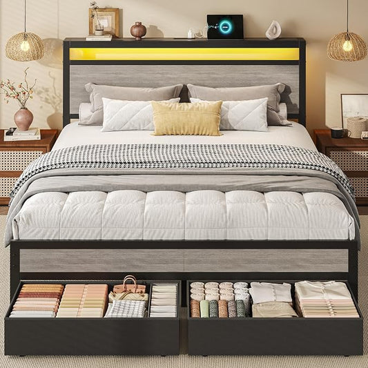 HISOFT Queen Bed Frame with Storage, Wood Headboard with Fast Charging Station, LED Lights, Platform Bed Frame Queen Size, Fabric Drawers with Wheels, No Box Spring Needed, Noise Free, Rustic Grey