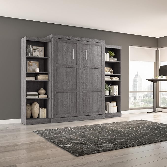 Bestar Pur Queen Murphy Bed and 2 Shelving Units, 115-inch Space-Saving Sleeping Arrangement with Storage in Bark Grey
