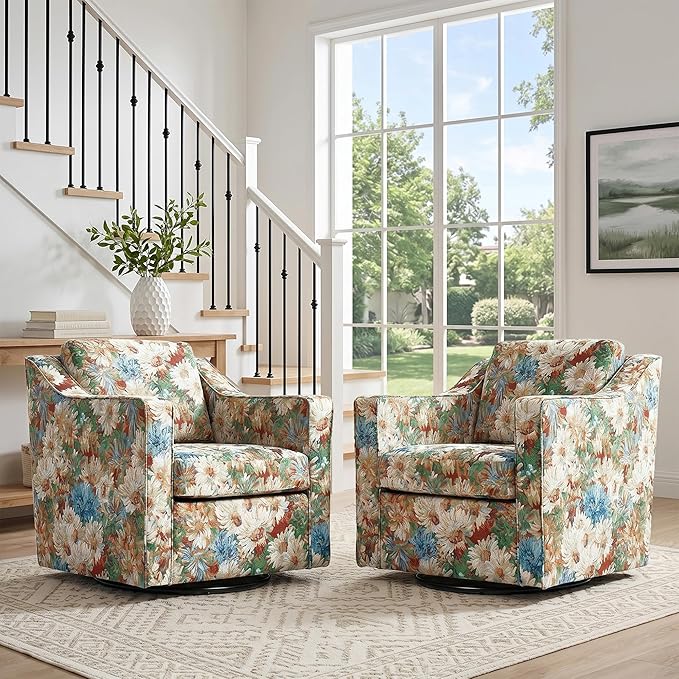 Swivel Accent Chair, Modern Round Barrel Arm Chair for Living Room, Bedroom, Comfy Club Reading Chairs for Adults (Orange Blooms, Set of 1)
