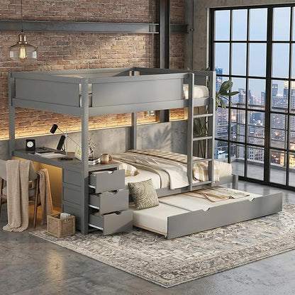 Harper & Bright Designs Full Over Full Bunk Bed with Twin Size Trundle, Wood Full Bunk Bed with USB Ports, Storage and Desk, Gray