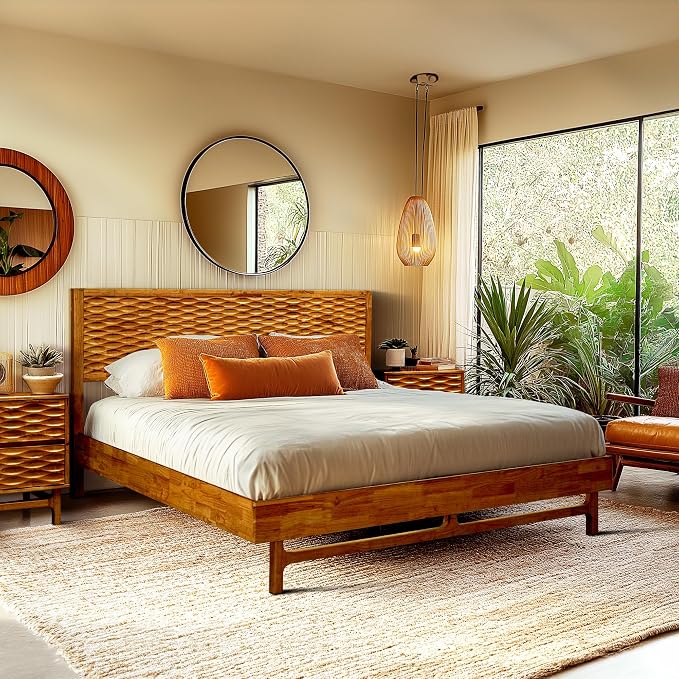 Acacia Elara Queen Platform Bed Frame – Mid-Century Modern Style, Carved Headboard, Solid Wood, Caramel Finish, No Box Spring, 800lbs Support, Easy Assembly with Tools Included