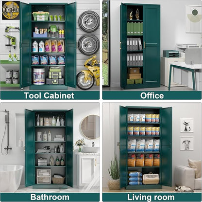 UNICOLY 71" Storage Cabinet, Metal Pantry Cabinet, Kitchen Pantry Storage Cabinets with Doors and 4 Shelves, Cabinets for Laundry Room, Living Room, Dinning Room, Assembly Required, Green