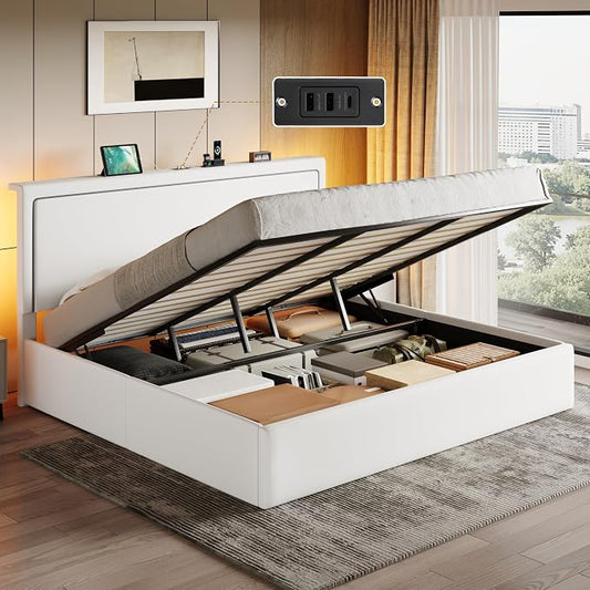 SHA CERLIN King Size Hydraulic Lift-Up Storage Platform Bed Frame with Charging Station, RGB LED Lights, Adjustable Velvet Headboard, USB-A and USB-C Ports, No Box Spring Needed, White