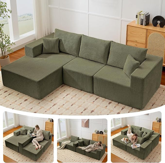 Modular Sectional Sofa for Living Room, 108" Cloud Couch Sectional with L-Shape Chaise, Modern Upholstered Corduroy Boneless Couch with Memory Foam Deep Seat, No Assembly Required (Green)