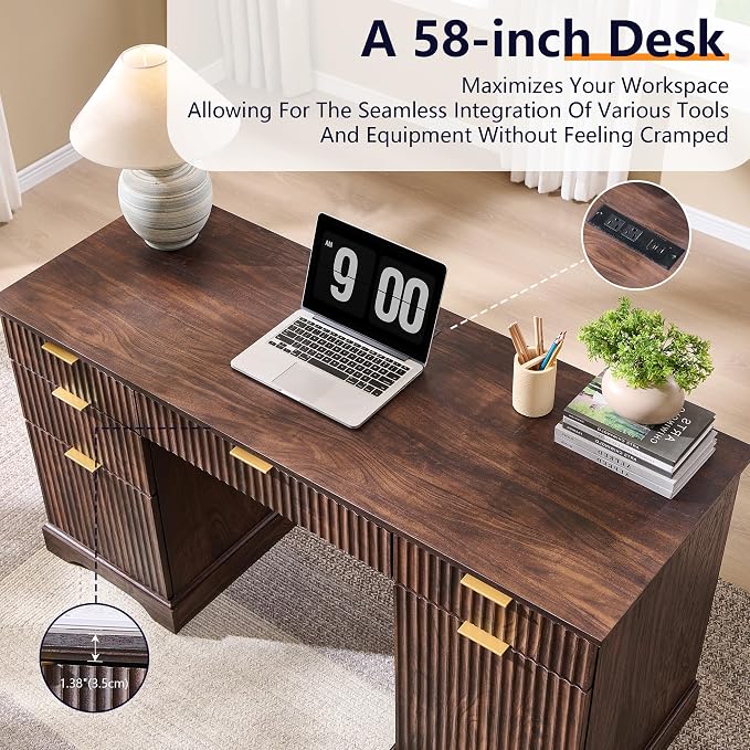 58" Modern Wood Executive Desk with 5 Drawers & 1 Cabinet, Built‑in Outlet | Fluted Computer Writing Desk for Study, Living Room, Bedroom, Dark Walnut