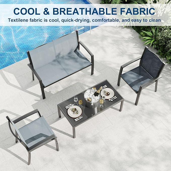 Garvee 4 Piece Patio Bistro Furniture Set, Outdoor Conversation Set with 3 Chairs, Loveseat & Glass Coffee Table, All-Weather Textilene Fabric & Steel Frame for Backyard, Poolside, Porch, Lawn - Grey