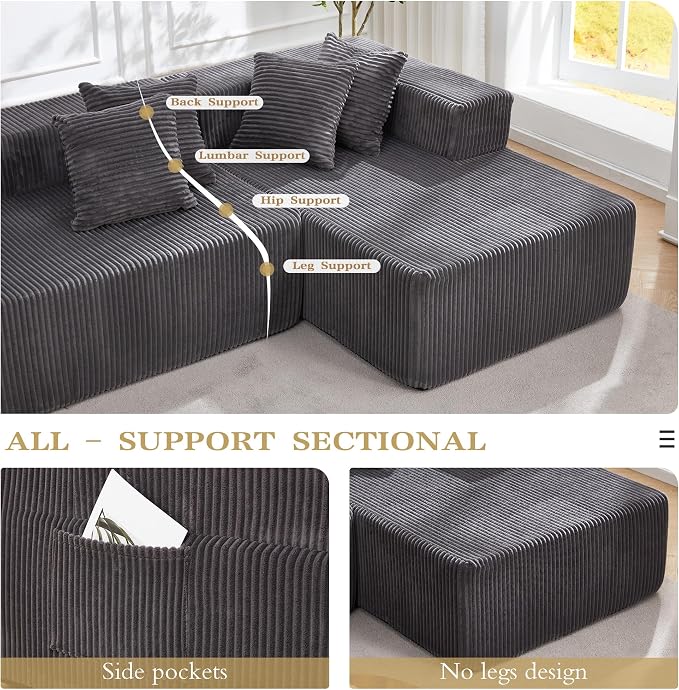 HOMREST 131" Boneless Memory Foam Sofa with Chaise Lounge, Comfy Corduroy Deep Seat Modular Sectional Couch, Large U-Shaped Floor Sofa for Living Room & Apartment, No Assembly Required Gray