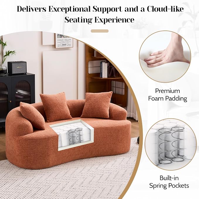 65" Curved Loveseat,Deep Seat Cloud Floor Couch with 3 Backrest,Cozy Chenille Fabric,Small Loveseat for Small Spaces,Bedroom,Office,Apartment (Coral, 65 Inch)