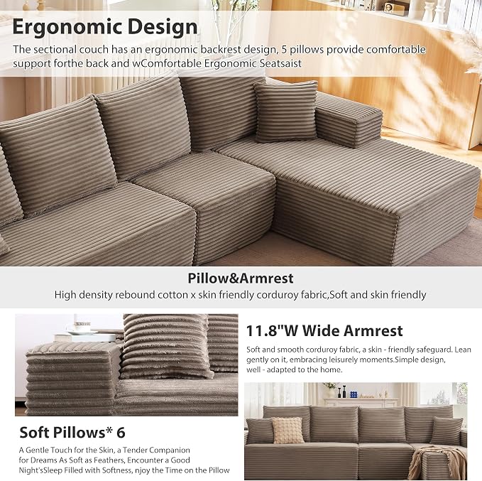 135" Cloud Sectional Couch with L-Shape Chaise, Modern Cloud Couch with Deep Seat, Modular Sectional Couches for Living Room, Apartment, Office, No Assembly Required Camel