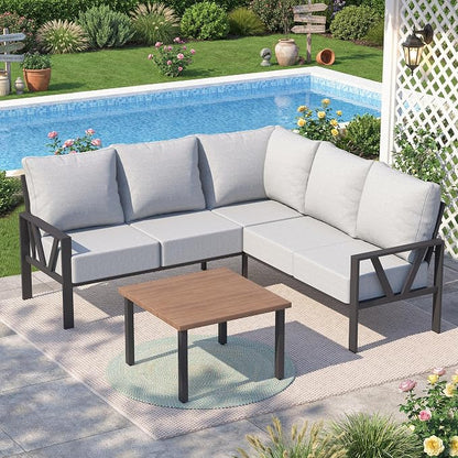 Outdoor Furniture Set, 6 Pieces Outdoor Couch Sectional, L Shaped Metal Patio Corner Sofa with 6” Thick Cushions, Patio Seating Conversation Set, Light Grey