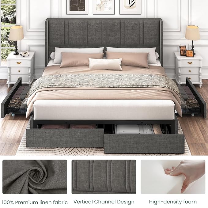 LARMACE King Size Bed Frame with Storage Drawers and Wingback Headboard, Linen Upholstered Platform Bed Frame with Wooden Slats, Easy Assembly, Light Grey