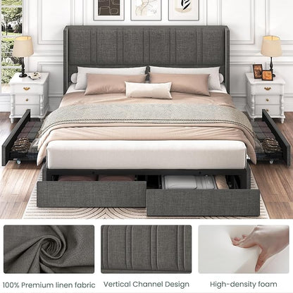 LARMACE King Size Bed Frame with Storage Drawers and Wingback Headboard, Linen Upholstered Platform Bed Frame with Wooden Slats, Easy Assembly, Light Grey