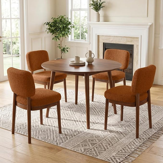 Wooden Dining Chairs Set of 4, Boucle Upholstered Kitchen Chairs with Solid Wood Legs, Mid Century Modern Dining Chairs, Farmhouse Side Chair with Hardwood Frame for Dining Room, Brown