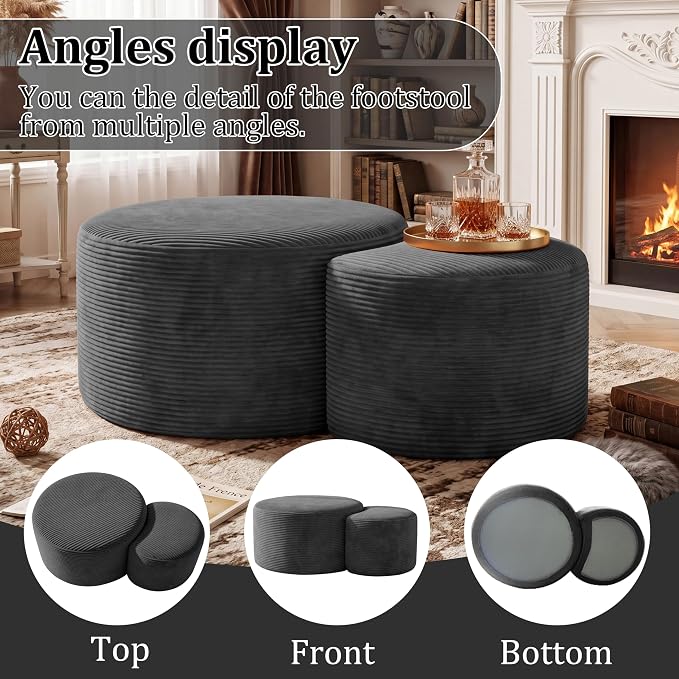BSHOMGI Boneless Ottoman Nesting Coffee Table Set of 2,Corduroy Soft Foot Rest Movable LargePouf Footstool for Living Room Sofa Couch Bedroom Entryway and Small Spaces No Assembly (Dark Gray)